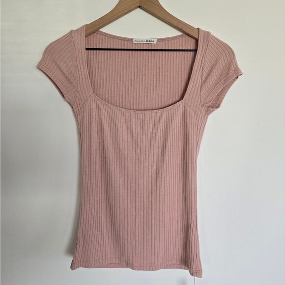 Reformation Bardot Pink Ribbed Knit Square Neck Short Sleeve Top Sz Small - Picture 1 of 3